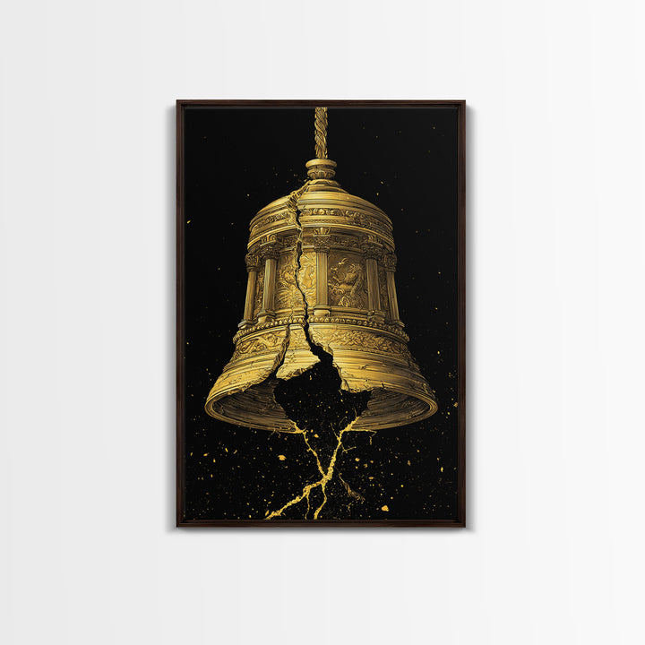 Golden Cracked Bell – Canvas Gold Canvas Print – Ancient Greek Inspired Wall Art with Real Wood Frame for Classical Decor