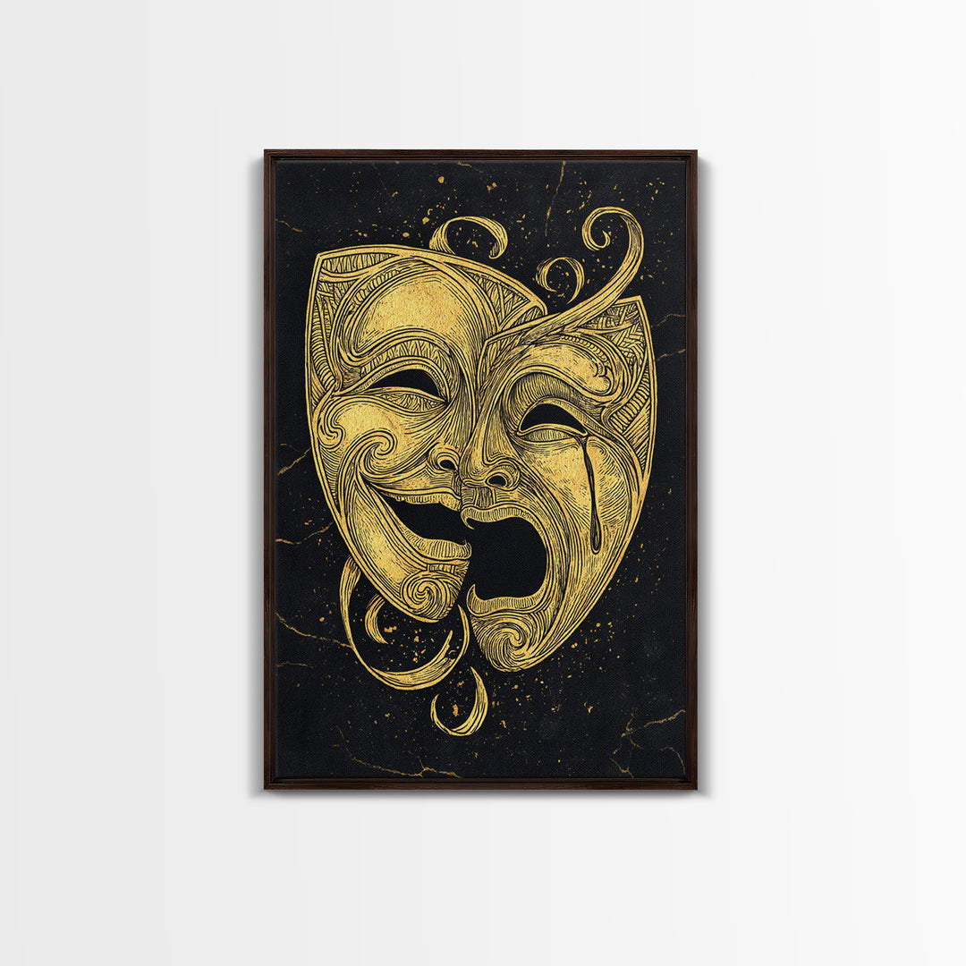 Comedy and Tragedy Theater Masks Canvas Gold Canvas Print – Dramatic Wall Art with Real Wood Frame for Home or Studio