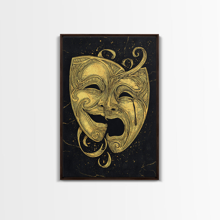 Comedy and Tragedy Theater Masks Canvas Gold Canvas Print – Dramatic Wall Art with Real Wood Frame for Home or Studio