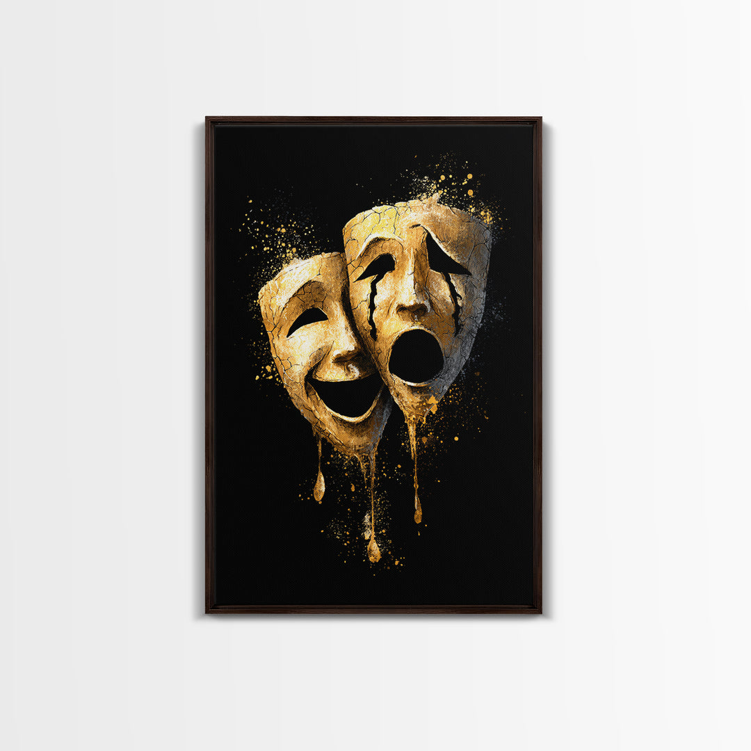 Melting Comedy and Tragedy Masks Canvas Gold Canvas Print – Emotional Theater Wall Art with Real Wood Frame