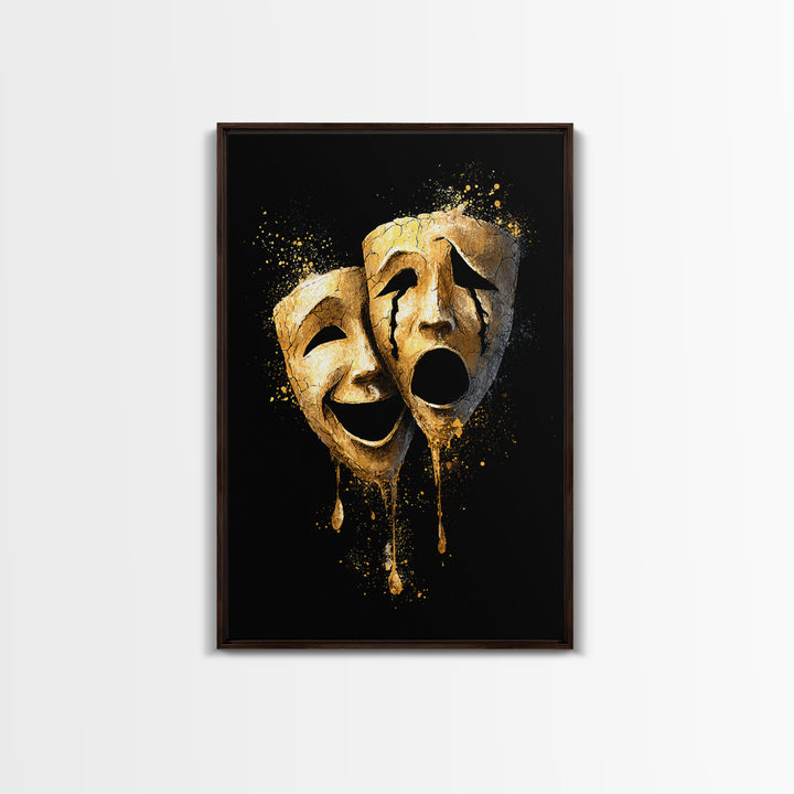 Melting Comedy and Tragedy Masks Canvas Gold Canvas Print – Emotional Theater Wall Art with Real Wood Frame