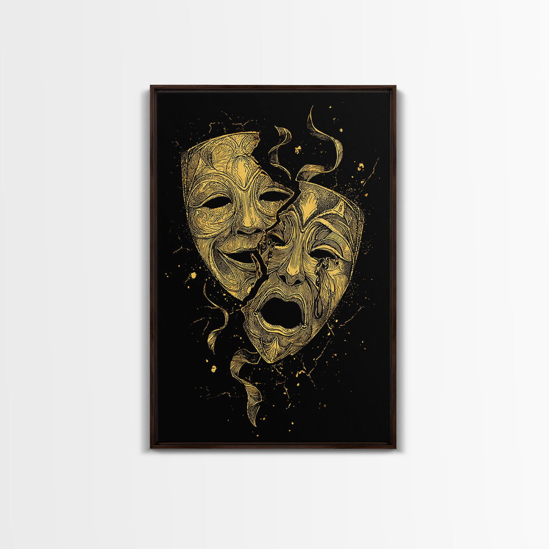 Broken Comedy and Tragedy Masks Canvas Gold Canvas Print – Dramatic Greek Theater Wall Art with Real Wood Frame