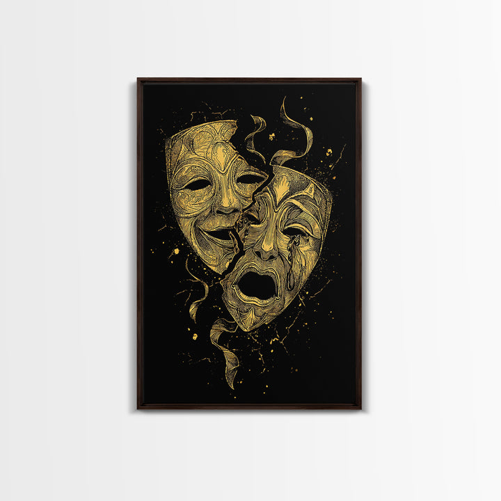 Broken Comedy and Tragedy Masks Canvas Gold Canvas Print – Dramatic Greek Theater Wall Art with Real Wood Frame