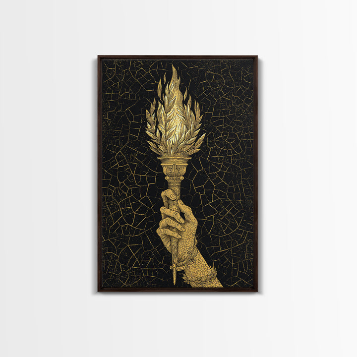 Olympic Flame Hand Holding Torch Canvas Gold Canvas Print – Classical Greek Inspired Wall Art with Real Wood Frame