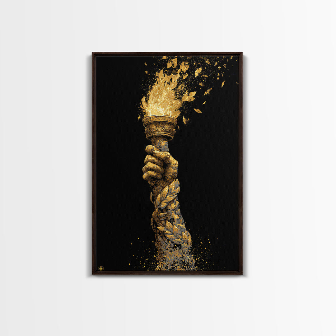 Flaming Laurel Torch Canvas Gold Canvas Print – Ancient Greek Victory Symbol Wall Art with Real Wood Frame