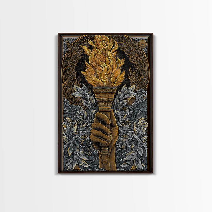 Mythic Laurel Torch Canvas Gold Canvas Print – Intricate Greek Style Wall Art with Real Wood Frame
