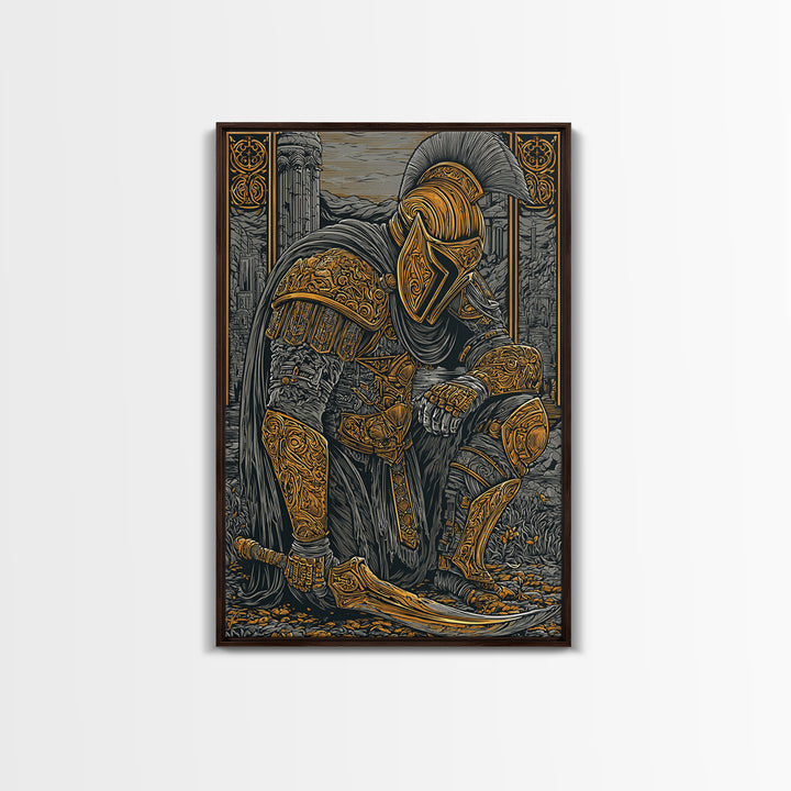 Kneeling Spartan Warrior Canvas Gold Canvas Print – Ancient Greek Hoplite Wall Art with Real Wood Frame