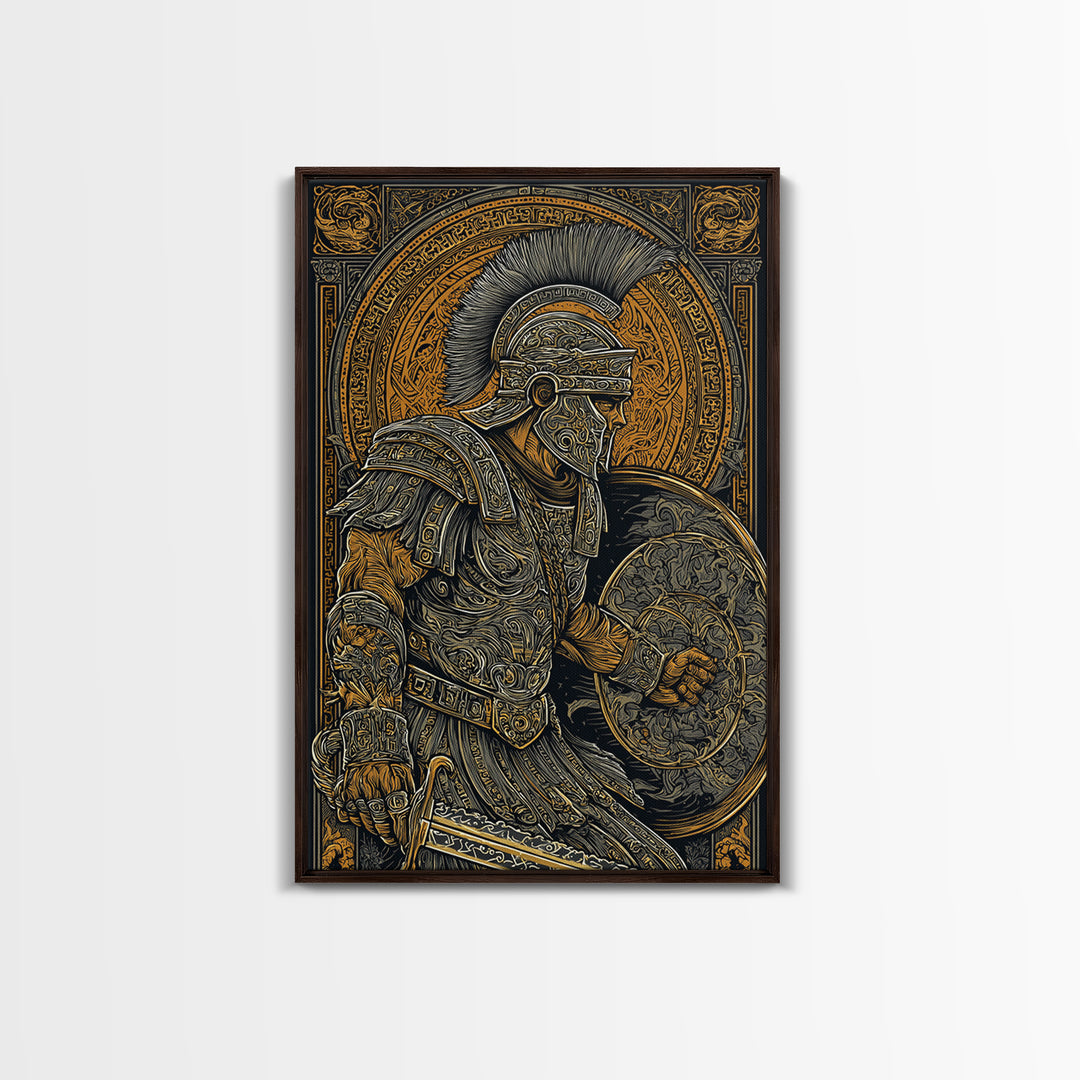 Charging Spartan Warrior Canvas Gold Canvas Print – Ancient Greek Hoplite Wall Art with Real Wood Frame