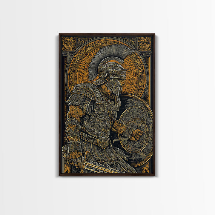 Charging Spartan Warrior Canvas Gold Canvas Print – Ancient Greek Hoplite Wall Art with Real Wood Frame