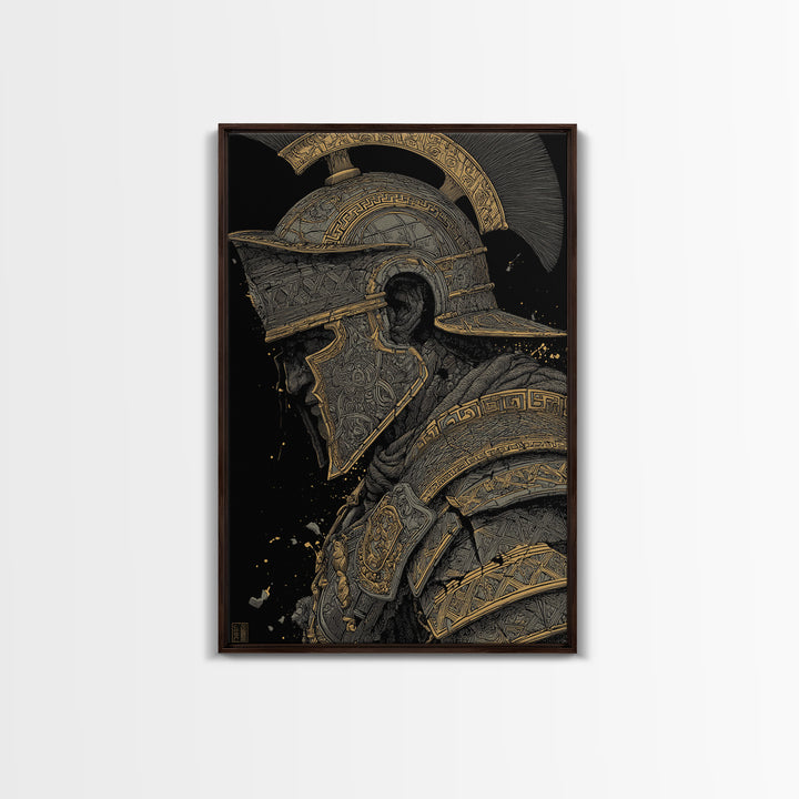 Profile Spartan Warrior Helmet Canvas Gold Canvas Print – Ancient Greek Hoplite Wall Art with Real Wood Frame