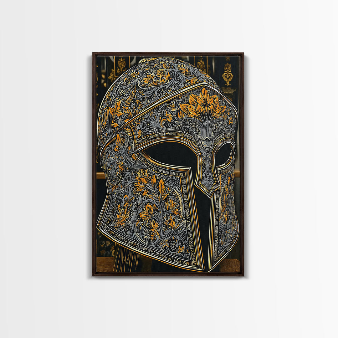 Floral Spartan Helmet with Golden Leaf Engraving – Canvas Gold Art, Real Wood Framed Canvas Art, Classic Warrior Helmet Wall Decor