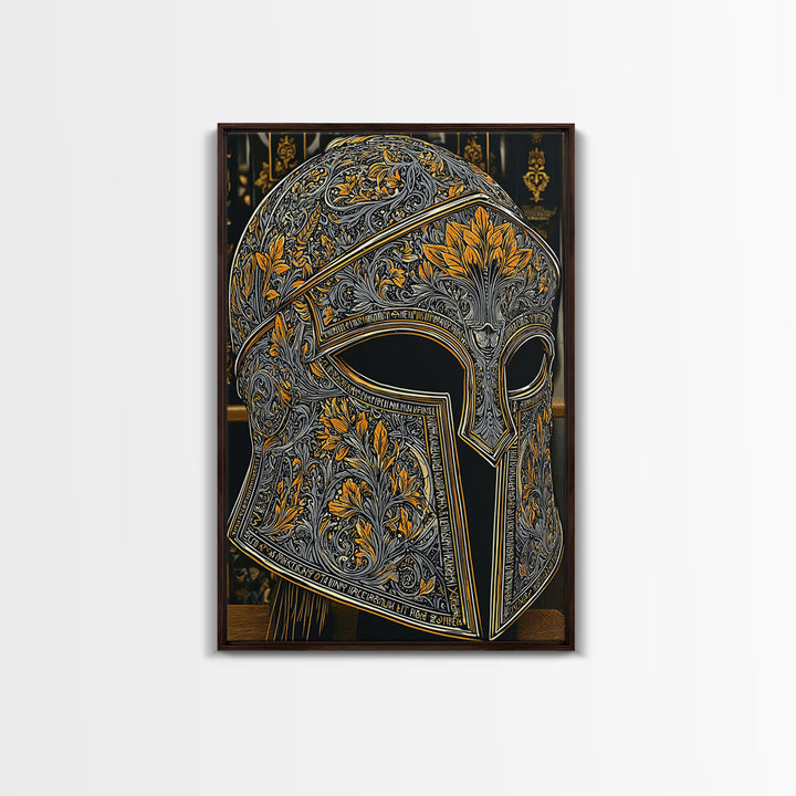 Floral Spartan Helmet with Golden Leaf Engraving – Canvas Gold Art, Real Wood Framed Canvas Art, Classic Warrior Helmet Wall Decor
