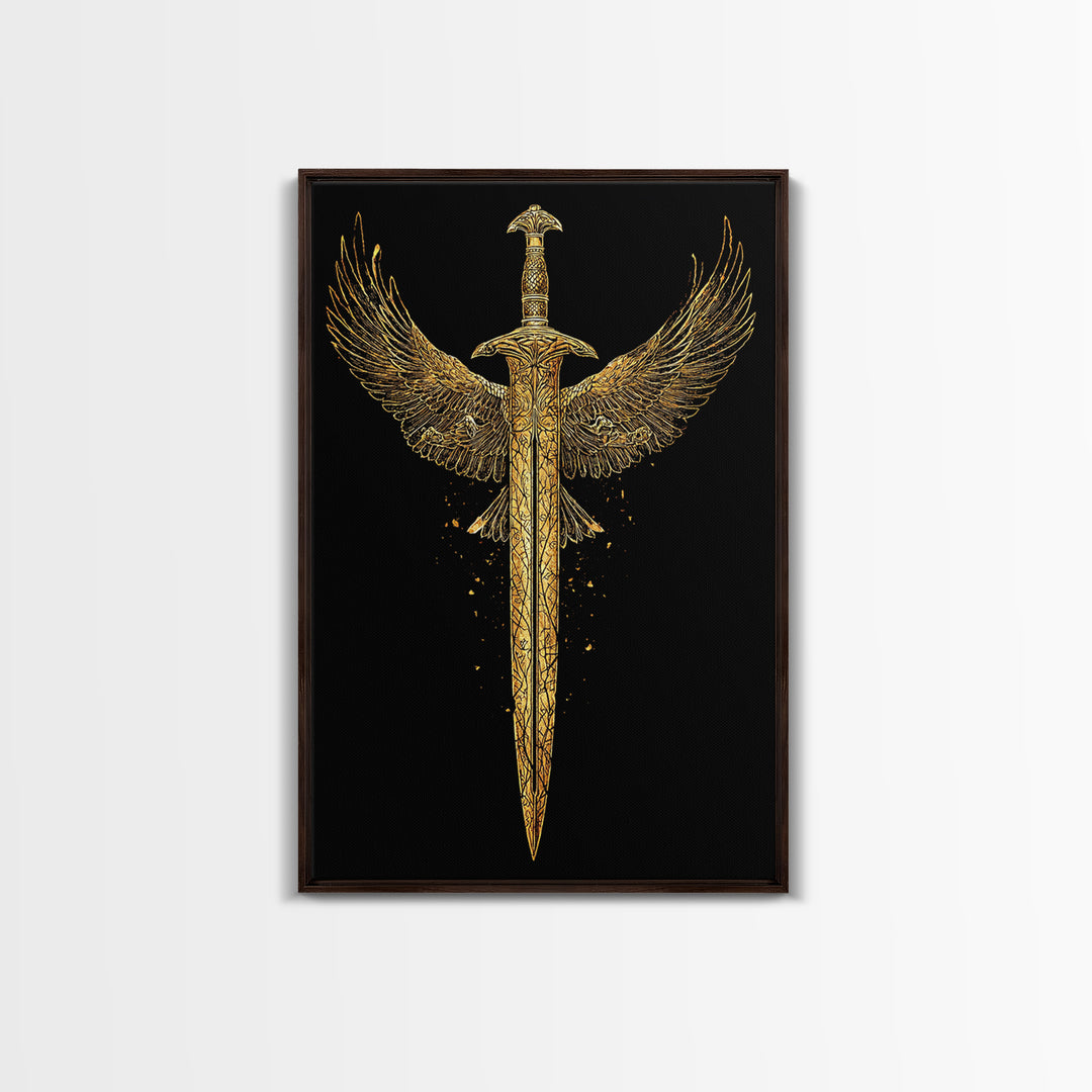 Winged Sword Canvas Gold Canvas Print – Mythical Fantasy Weapon Wall Art with Real Wood Frame for Home Decor