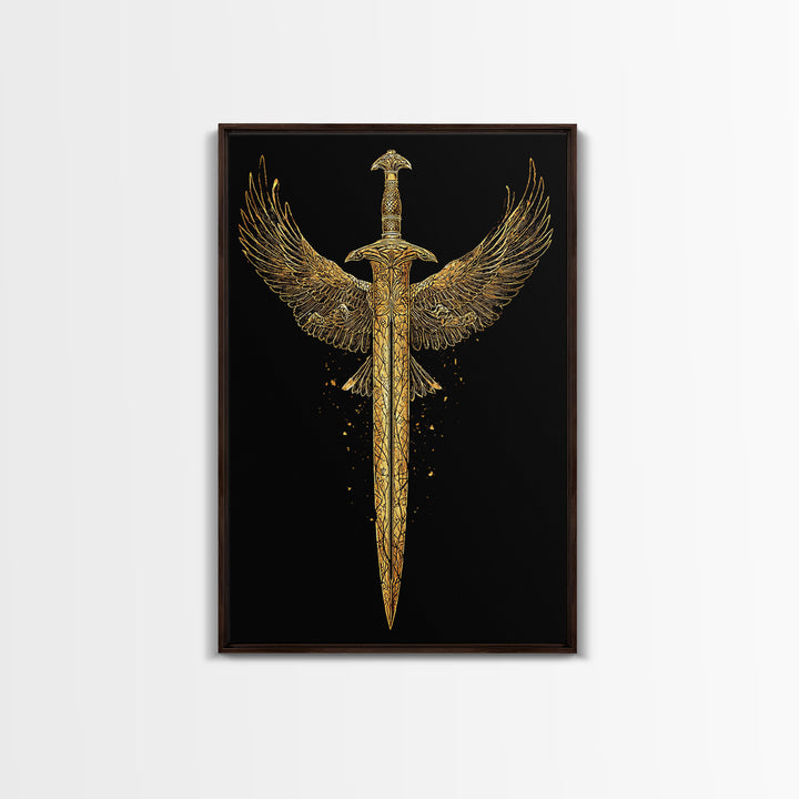 Winged Sword Canvas Gold Canvas Print – Mythical Fantasy Weapon Wall Art with Real Wood Frame for Home Decor