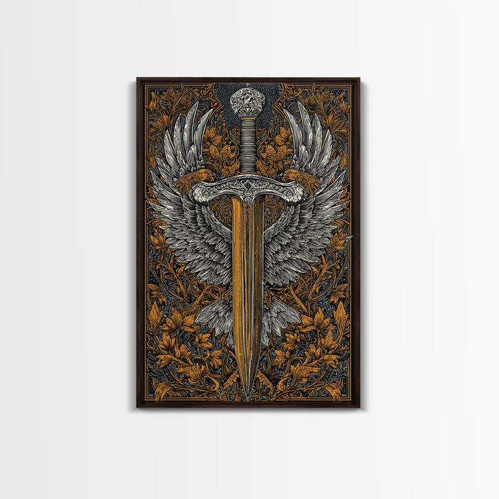 Winged Sword Canvas Gold Canvas Print – Intricate Medieval Blade with Angel Wings Design, Real Wood Frame Wall Art