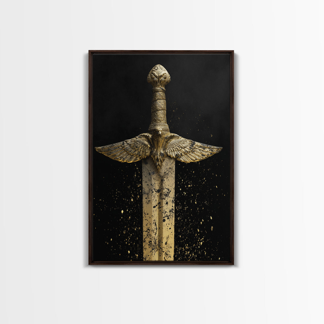 Golden Eagle Sword Canvas Gold Art – Ornate Medieval Blade with Spreading Wings, Real Wood Frame Warrior Home Décor