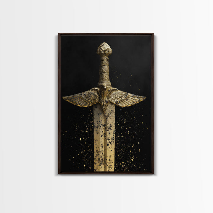 Golden Eagle Sword Canvas Gold Art – Ornate Medieval Blade with Spreading Wings, Real Wood Frame Warrior Home Décor