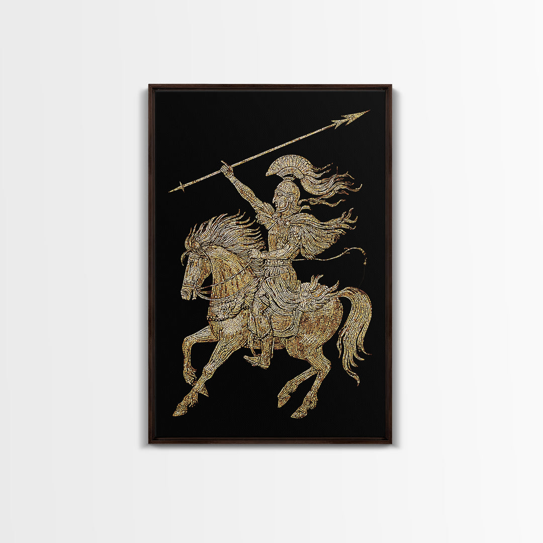 Ancient Warrior on Horseback Canvas Gold Canvas Print – Greek Mythology Spear Rider, Real Wood Frame Classical Wall Art