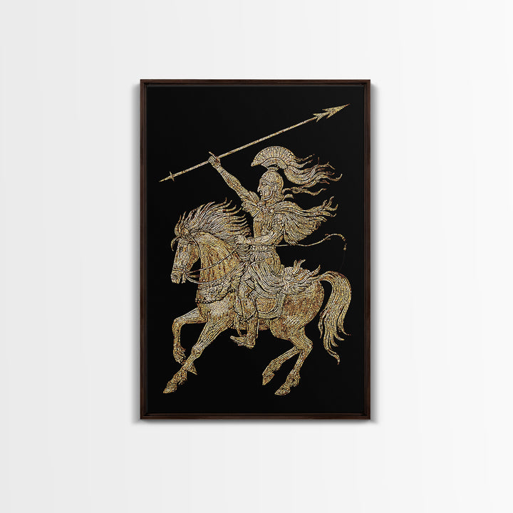 Ancient Warrior on Horseback Canvas Gold Canvas Print – Greek Mythology Spear Rider, Real Wood Frame Classical Wall Art