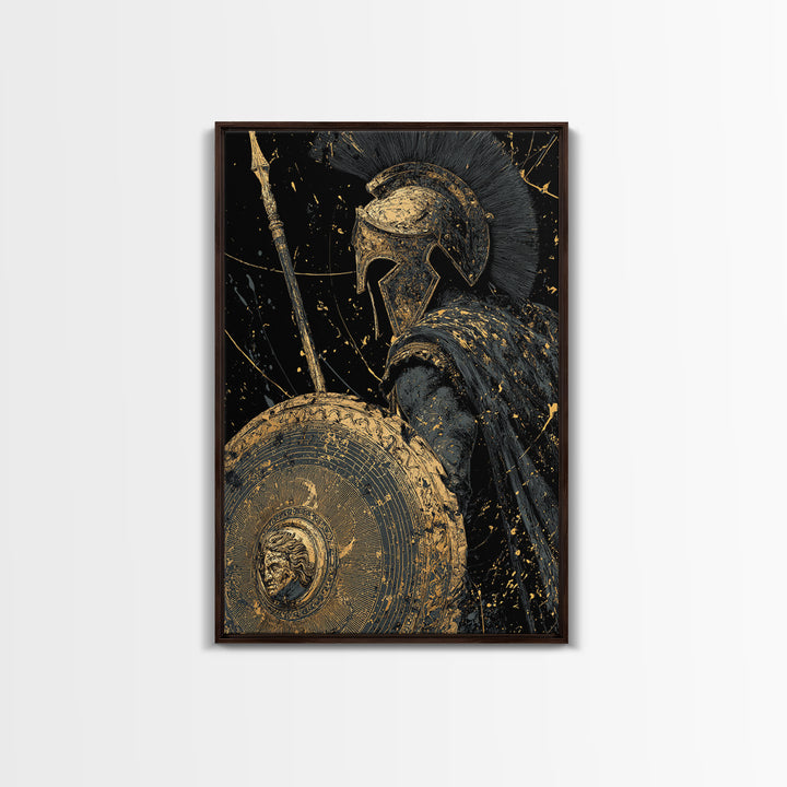 Greek Hoplite Warrior Canvas Gold Art – Spartan Spear and Shield Design, Real Wood Frame Classical Battle Scene Wall Décor
