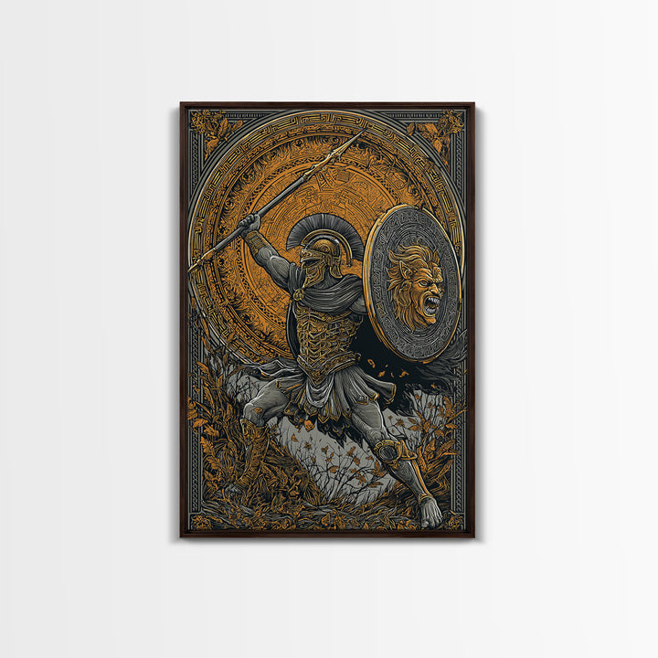 Heroic Spartan Warrior Canvas Gold Canvas Print – Lion Shield and Spear Combat Scene, Real Wood Frame Greek Mythology Art