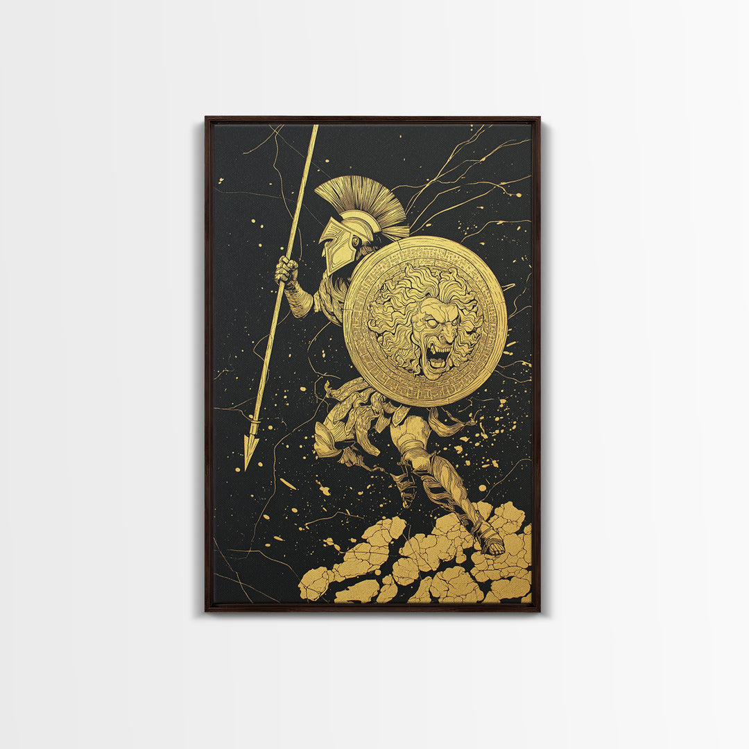 Charging Hoplite Warrior Canvas Gold Art – Greek Spear and Lion Shield Battle Pose, Real Wood Frame Ancient Warrior Wall Art