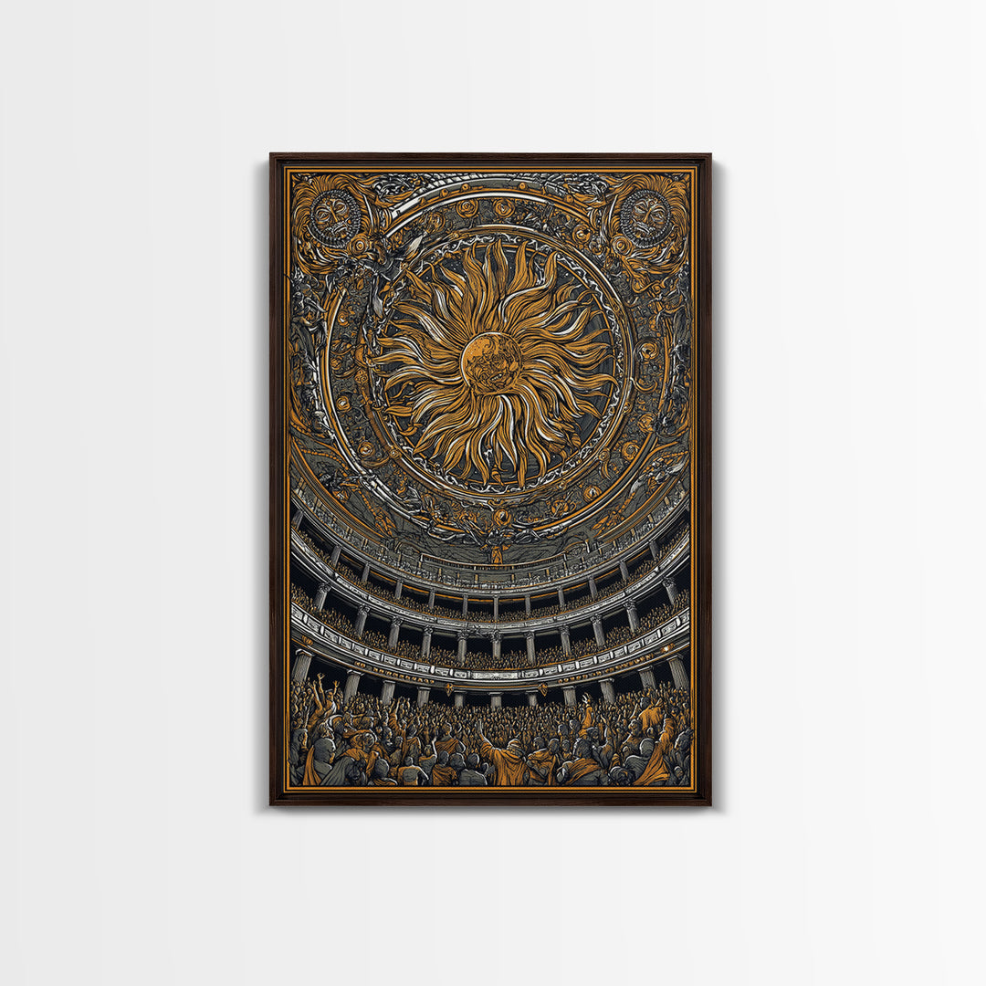 Grand Sun Ceiling Canvas Gold Canvas Print – Ornate Mythological Dome Artwork, Real Wood Frame Classical Architectural Wall Art