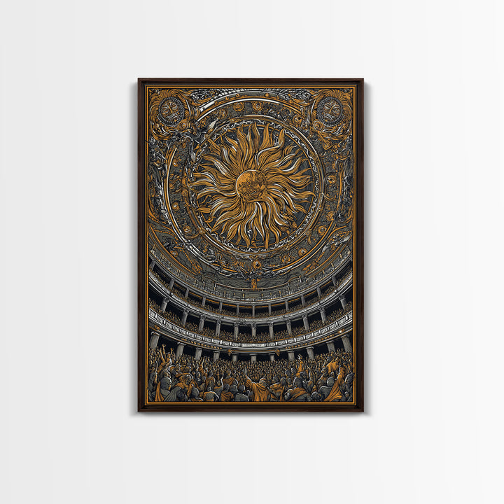 Grand Sun Ceiling Canvas Gold Canvas Print – Ornate Mythological Dome Artwork, Real Wood Frame Classical Architectural Wall Art
