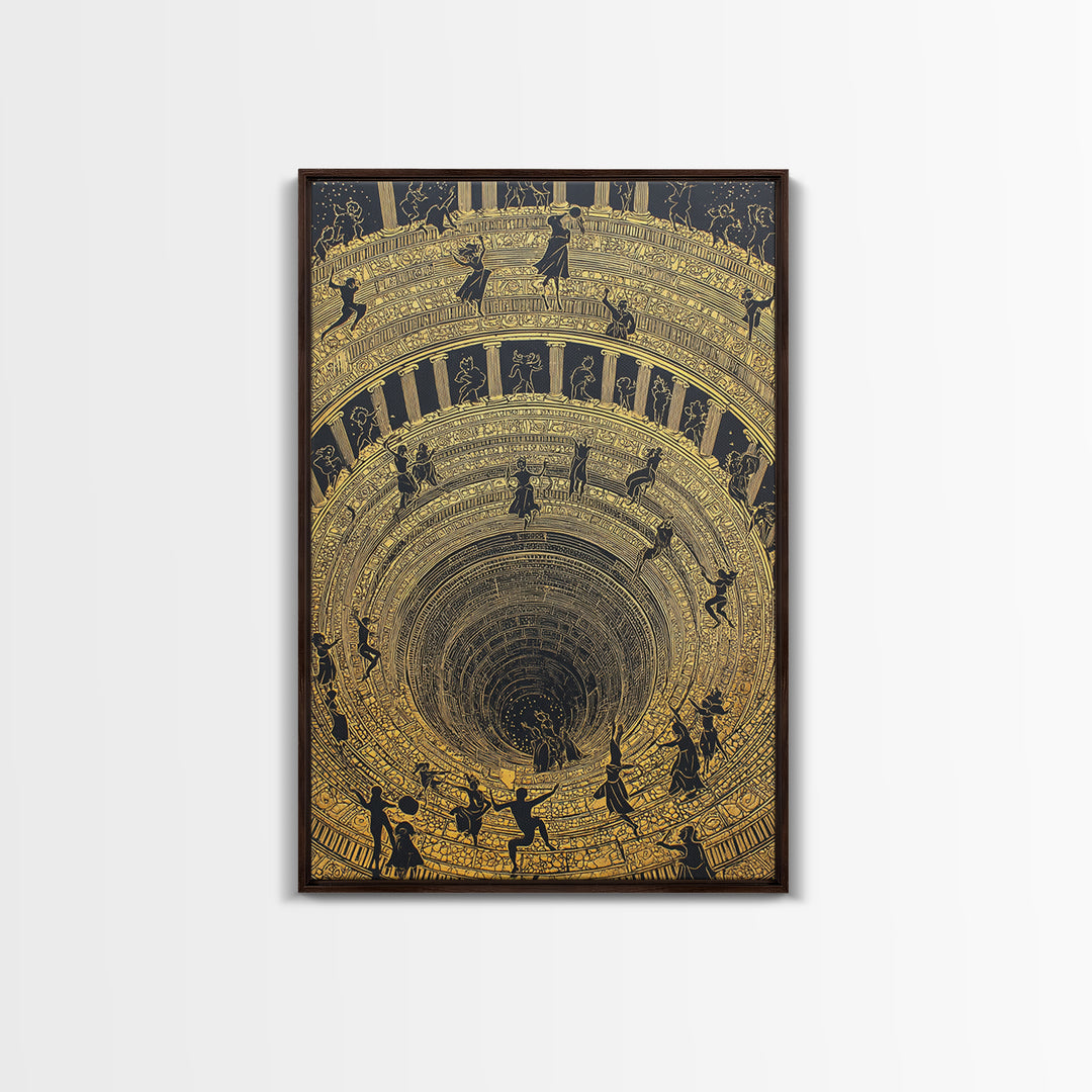 Mythic Underworld Descent Canvas Gold Art – Spiraling Figures in Ancient Pit Design, Real Wood Frame Fantasy Wall Décor