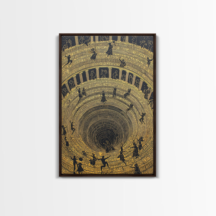 Mythic Underworld Descent Canvas Gold Art – Spiraling Figures in Ancient Pit Design, Real Wood Frame Fantasy Wall Décor