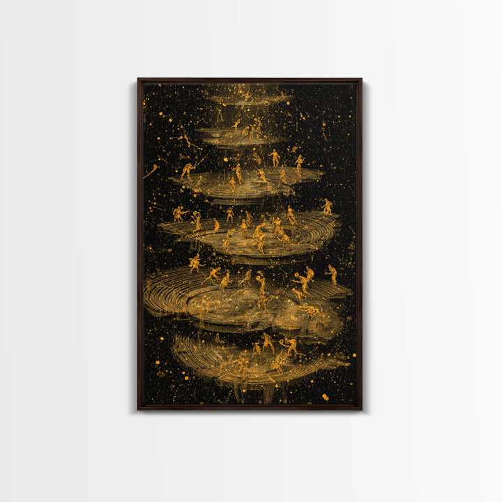Celestial Battle Layers Canvas Gold Canvas Print – Mythological Figures Across Cosmic Rings, Real Wood Frame Fantasy Art