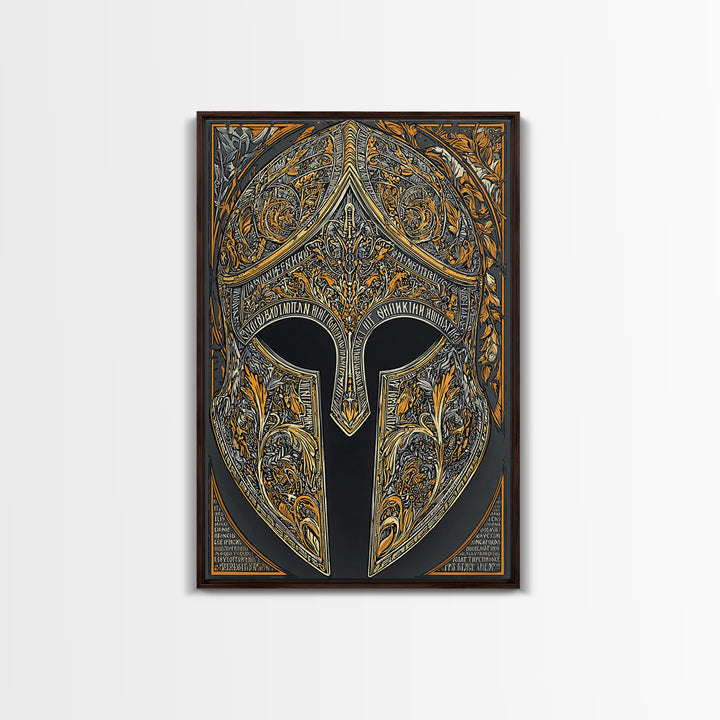 Mythic Greco-Roman Helmet with Ivy and Scrollwork – Canvas Gold Art, Framed Canvas Art with Real Wood, Ancient Battle Decor