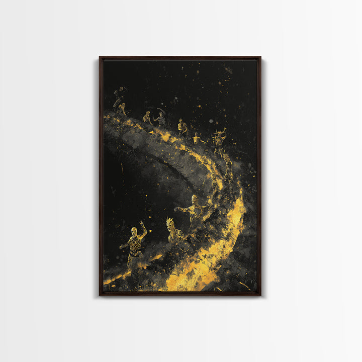 Warriors on Golden Path Canvas Gold Art – Surreal Spiral Battle Scene, Real Wood Frame Mythology Inspired Wall Décor