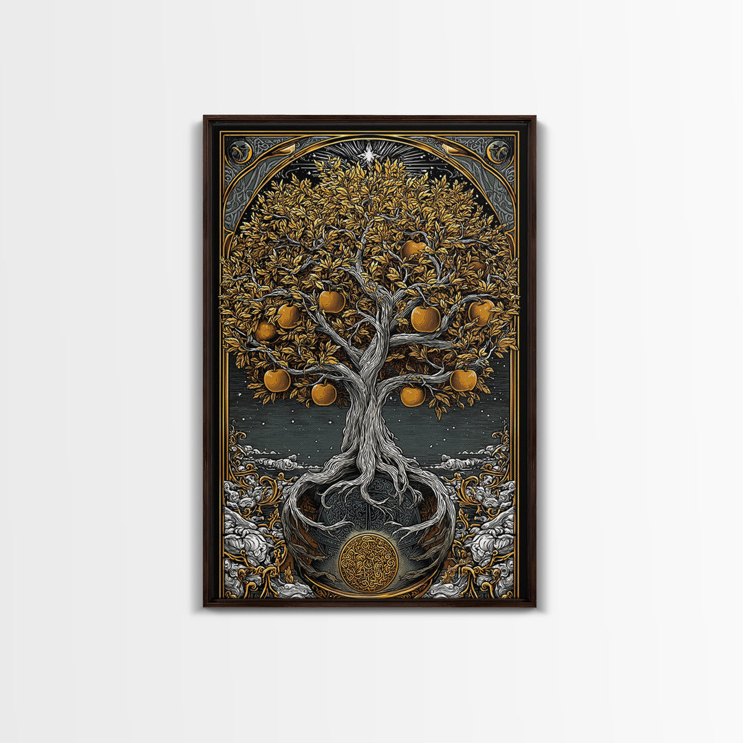 Tree Of Life Artwork, Mythical Golden Tree Wall Art, Canvas Gold Canvas Print, Real Wood Frame, Sacred Symbol Decor
