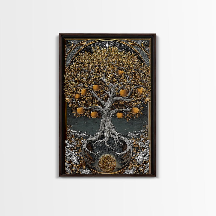 Tree Of Life Artwork, Mythical Golden Tree Wall Art, Canvas Gold Canvas Print, Real Wood Frame, Sacred Symbol Decor