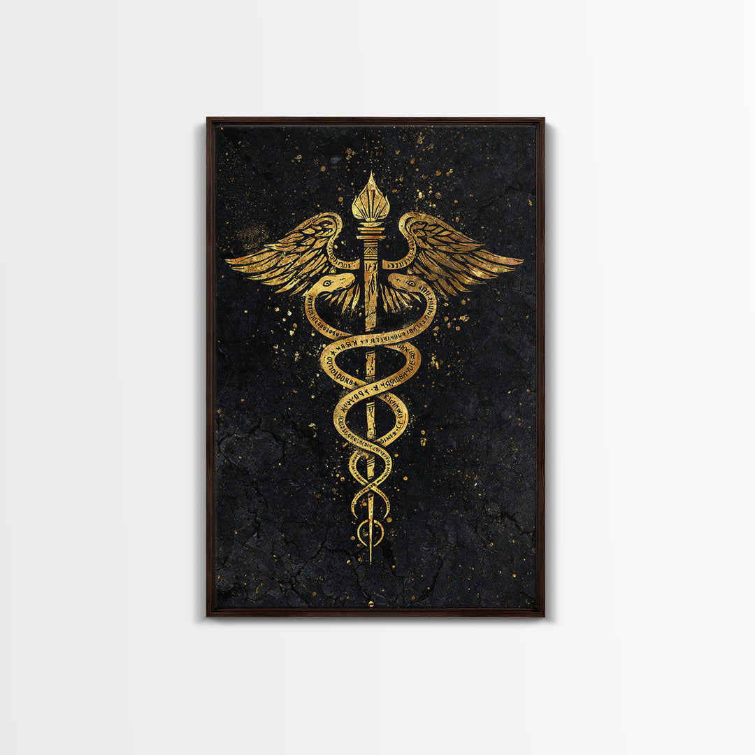 Caduceus Symbol Wall Art, Serpent And Wings Medical Symbol Artwork, Canvas Gold Canvas Print, Real Wood Frame Decor