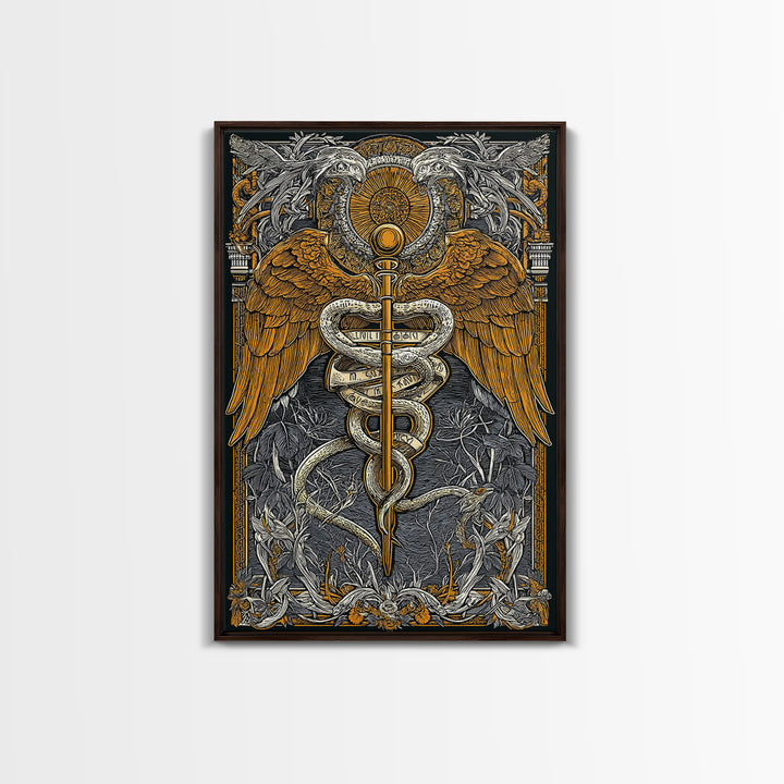 Ornate Medical Symbol Artwork, Caduceus Wall Decor With Wings And Serpents, Canvas Gold Canvas Print, Real Wood Frame