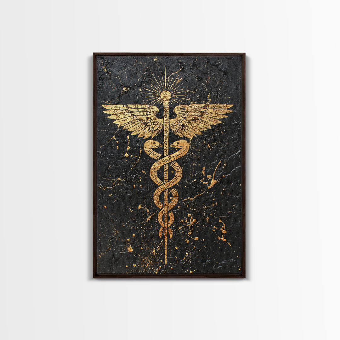 Ancient Caduceus Symbol Art, Golden Serpent And Staff Artwork, Canvas Gold Canvas Print, Real Wood Frame Wall Decor