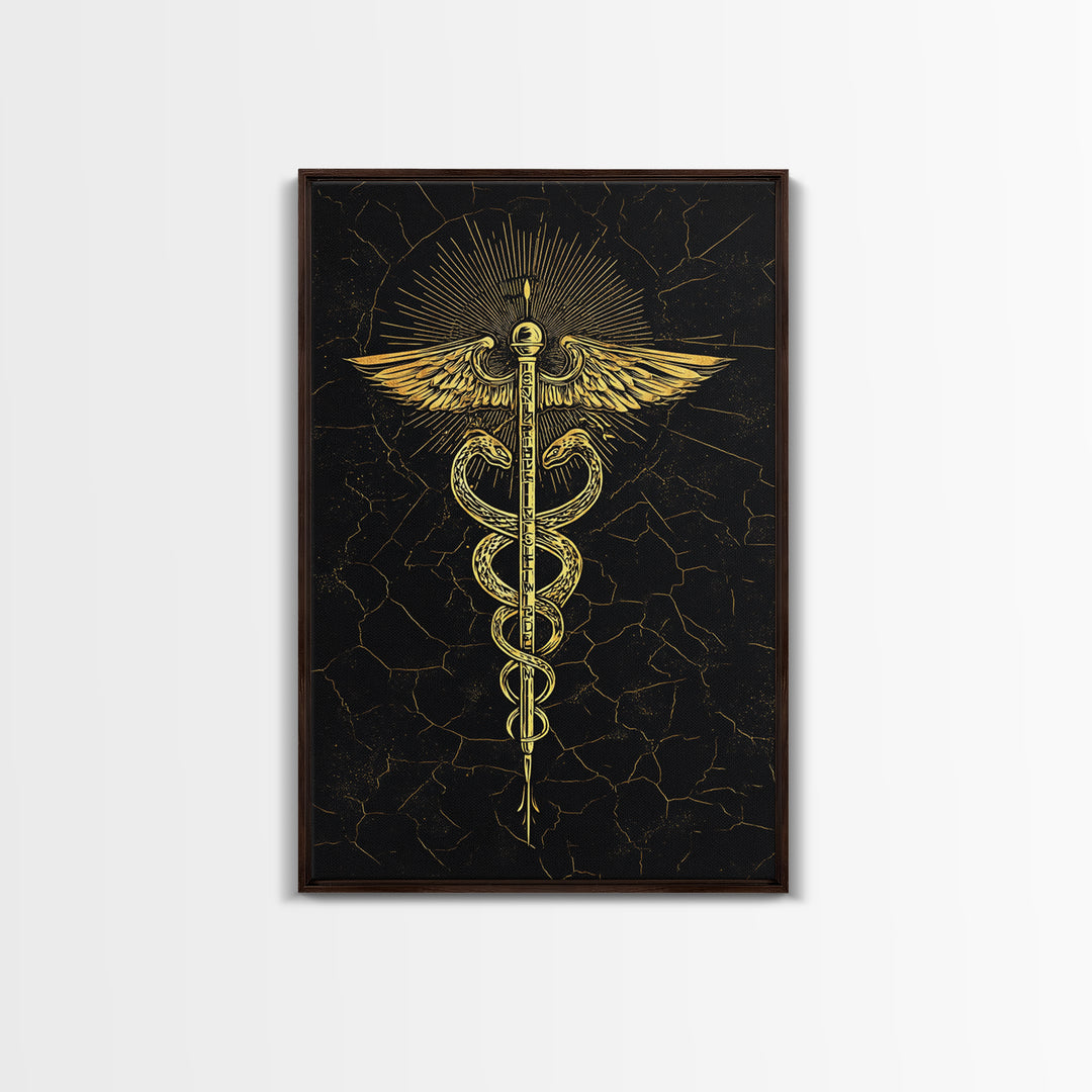 Radiant Caduceus Symbol Wall Art, Serpent And Winged Staff Artwork, Canvas Gold Canvas Print, Real Wood Frame Decor