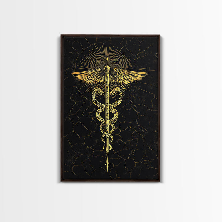 Radiant Caduceus Symbol Wall Art, Serpent And Winged Staff Artwork, Canvas Gold Canvas Print, Real Wood Frame Decor
