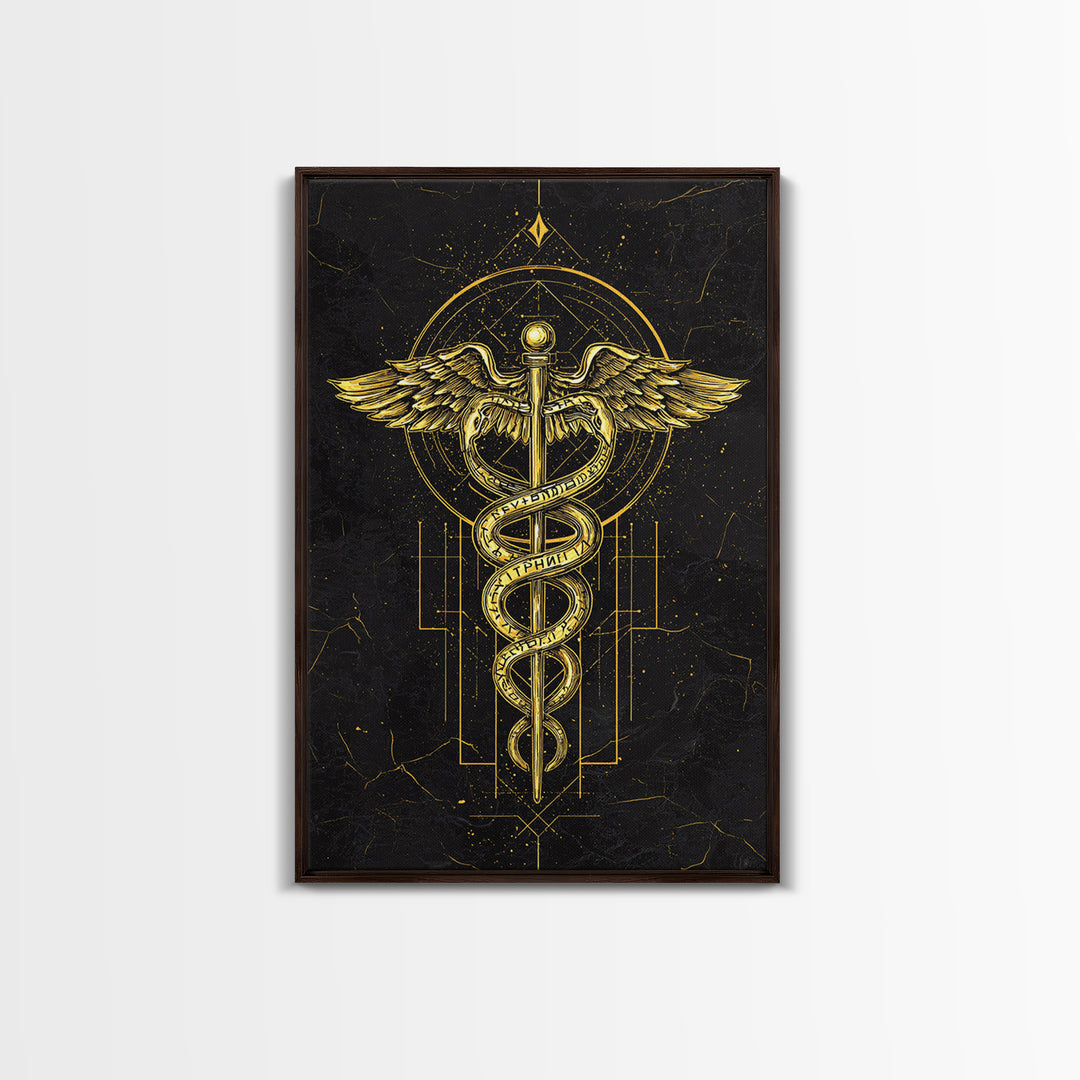 Geometric Caduceus Symbol Artwork, Sacred Serpent And Staff Wall Art, Canvas Gold Canvas Print, Real Wood Frame Decor