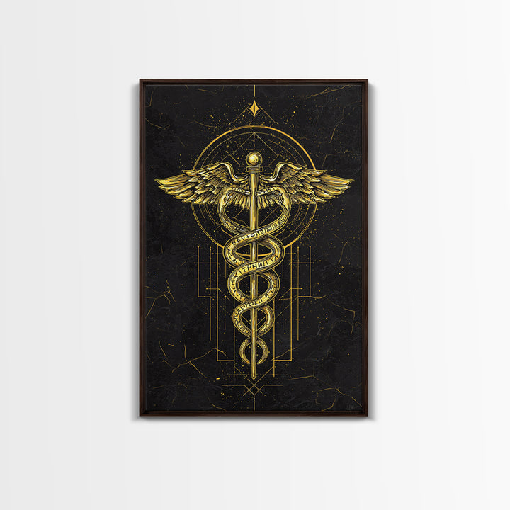 Geometric Caduceus Symbol Artwork, Sacred Serpent And Staff Wall Art, Canvas Gold Canvas Print, Real Wood Frame Decor