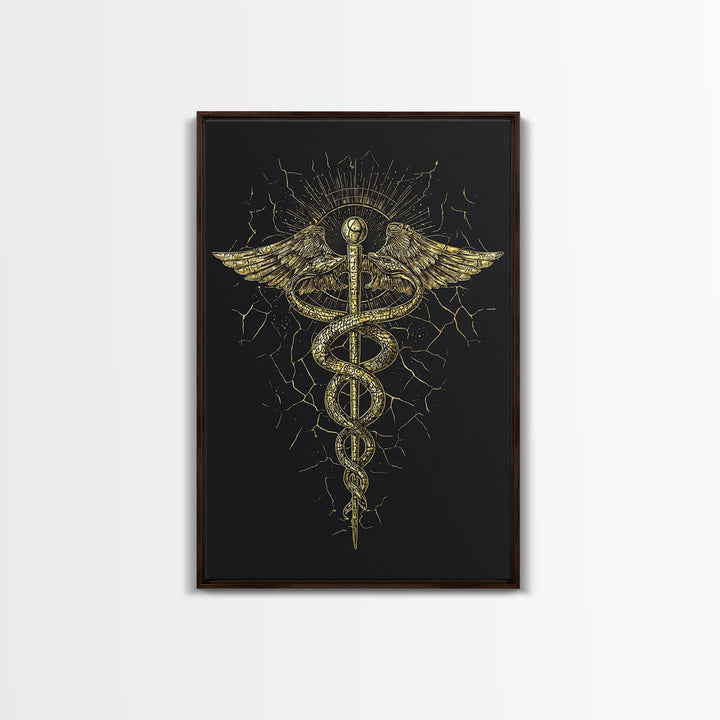 Caduceus Medical Symbol Wall Art, Serpent And Wings Ancient Staff Artwork, Canvas Gold Canvas Print, Real Wood Frame