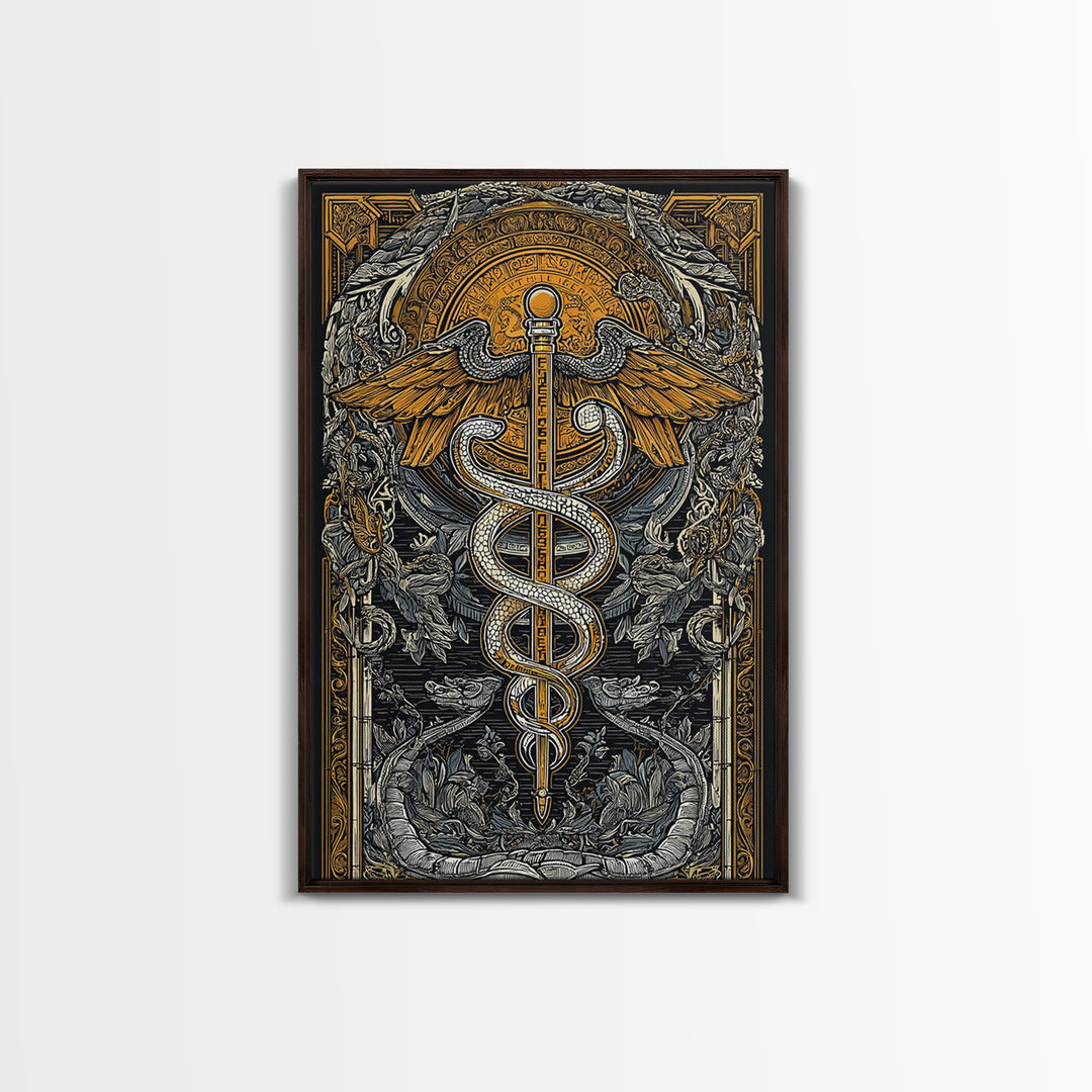Botanical Caduceus Symbol Artwork, Ornate Serpent And Wings Wall Art, Canvas Gold Canvas Print, Real Wood Frame Decor