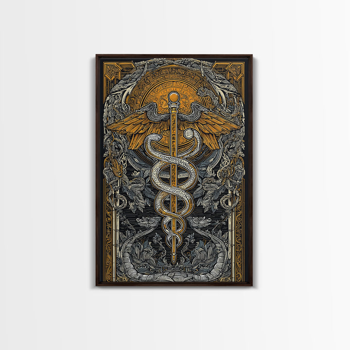 Botanical Caduceus Symbol Artwork, Ornate Serpent And Wings Wall Art, Canvas Gold Canvas Print, Real Wood Frame Decor