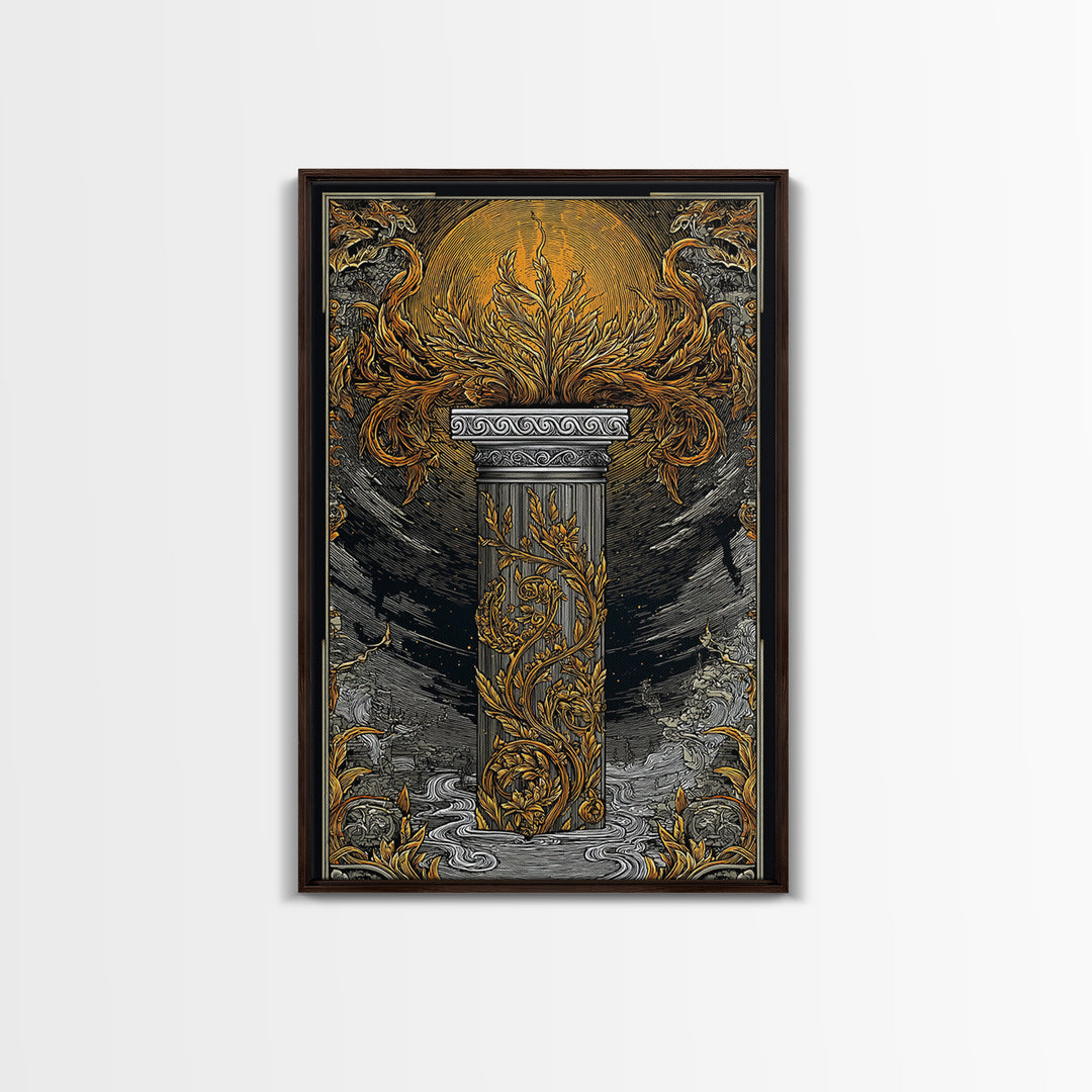 Greek Column Artwork, Mythical Pillar With Golden Flames Wall Art, Canvas Gold Canvas Print, Real Wood Frame Decor