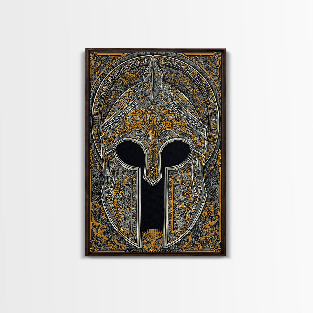 Ornate Bronze and Silver Spartan Helmet Wall Print – Canvas Gold Art, Real Wood Frame Canvas Art, Classical Greek Warrior Decor