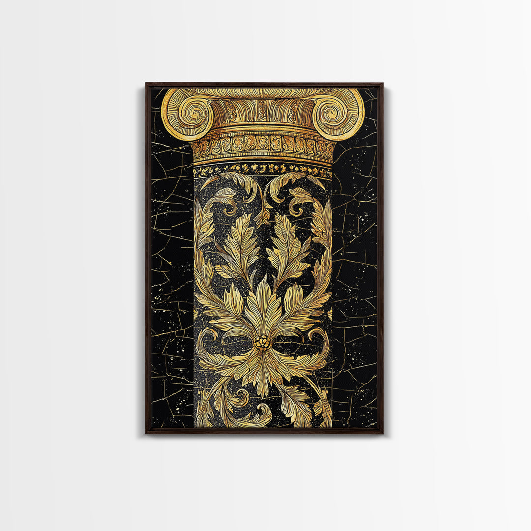 Greek Column Detail Artwork, Ornate Corinthian Pillar Wall Art, Canvas Gold Canvas Print, Real Wood Frame Classic Decor