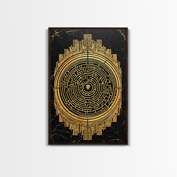 Labyrinth Maze Artwork, Mythical Minotaur Symbol Wall Art, Canvas Gold Canvas Print, Real Wood Frame, Ancient Greek Decor