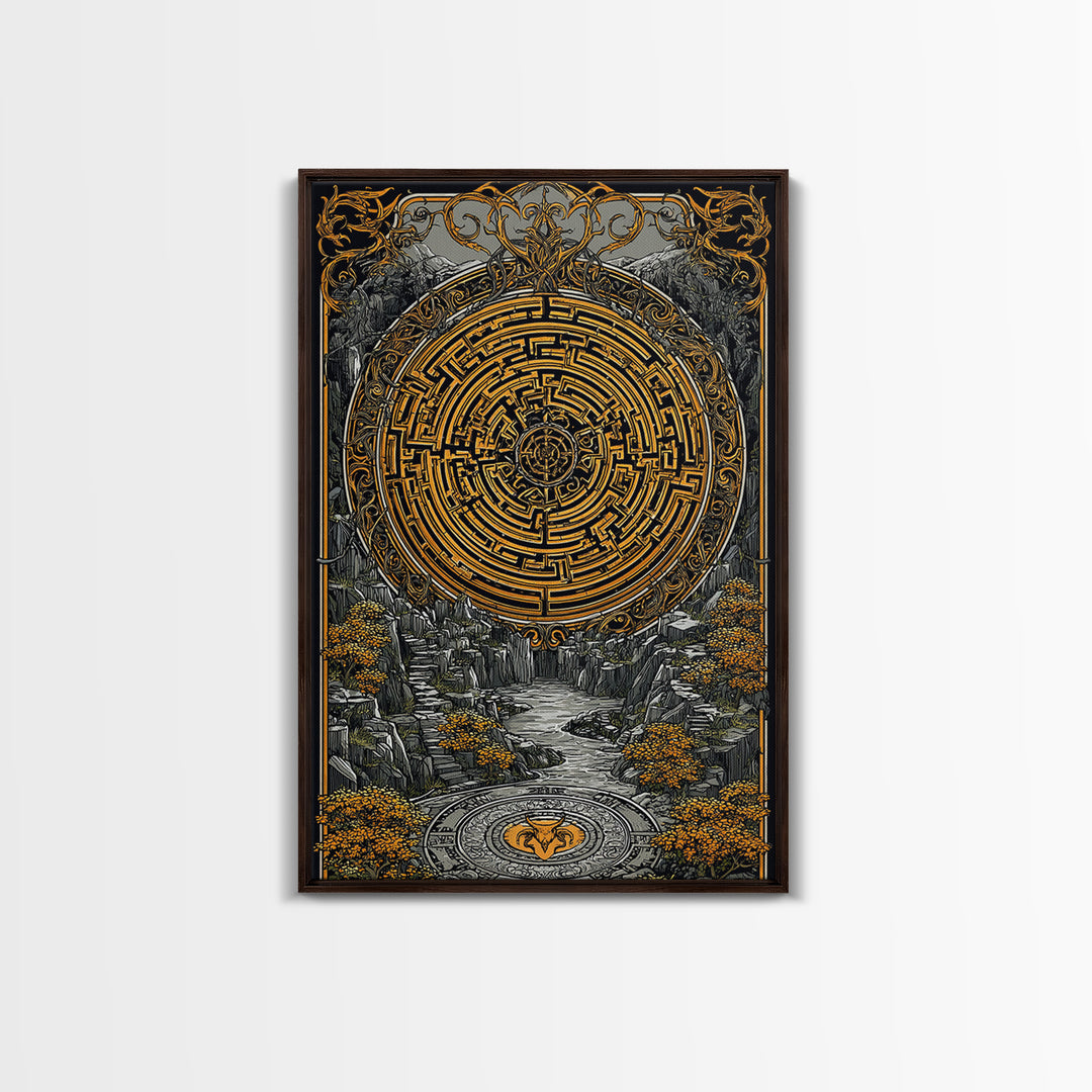 Ancient Maze Artwork, Mystical Labyrinth Symbol Wall Art, Canvas Gold Canvas Print, Real Wood Frame, Mythology Inspired Decor